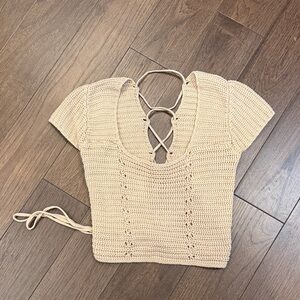Beige Botany Crochet Lace-Up Top Large C27-043